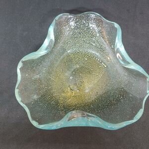 Light Aqua Gold Flecks Art Glass Bowl UV Reactive